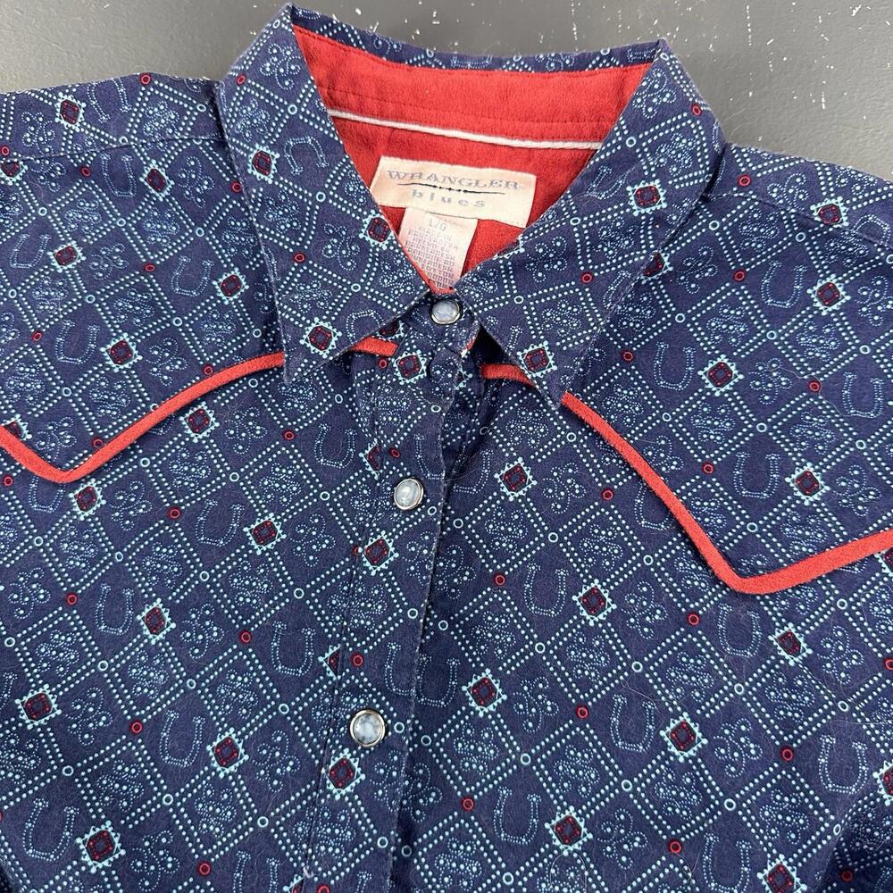 Wrangler Blues Western Shirt Women Large Blue Paisley Diamond Line Dance Rodeo